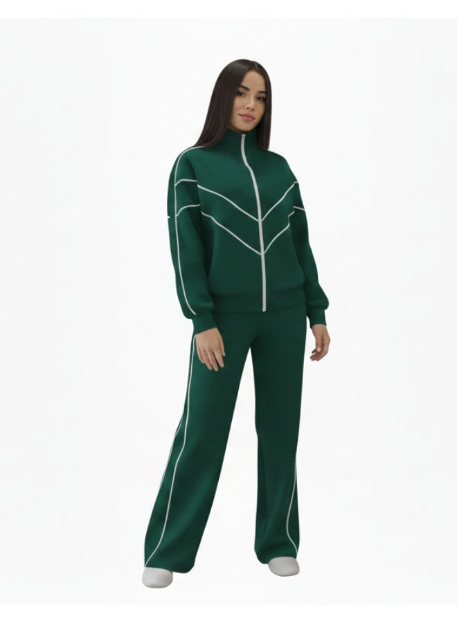 Women’s Green Winter Sports Set – Modern and Comfortable Design Made from Melton Cotton for Warmth in Cold Weather and Daily Wear – Zip-Up Top and Practical Pocketed Pants That Can Be Styled with Other Pieces - Image 1